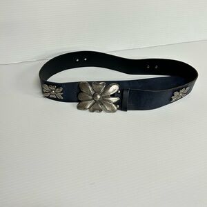 Antoniazzi Firenze Italy Wide Leather Belt w Silver Tone Metal Flower Boho Sz L